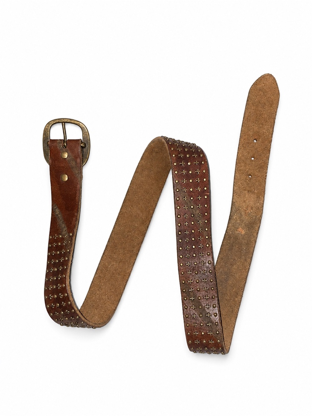 BKE Brown Genuine Leather Studded Western Belt XL Silver Tone Buckle